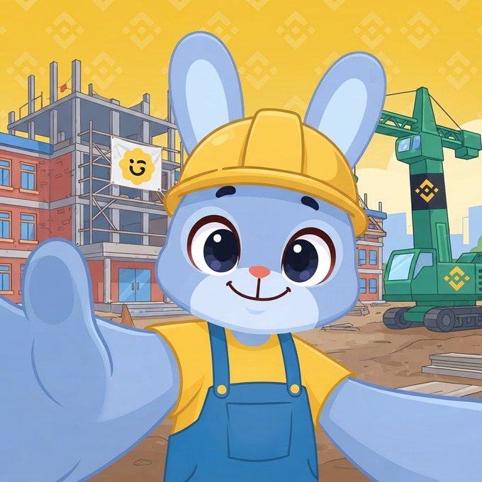 A cartoon illustration of a cheerful blue bunny wearing a yellow hard hat and blue overalls, giving a thumbs-up in front of a construction site with a green crane and a Binance-branded flag.