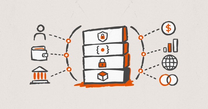 An illustrated graphic depicting a central stack of servers connected by dotted lines to icons representing users, wallets, banks, currency symbols, charts, the internet, and databases.