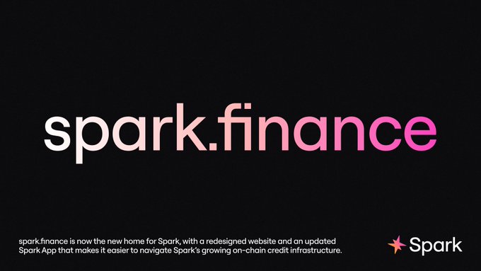 A promotional graphic with a black background displaying 'spark.finance' in white-to-pink gradient text, with a description noting it is the new home for Spark featuring a redesigned website and updated Spark App, alongside the Spark logo.