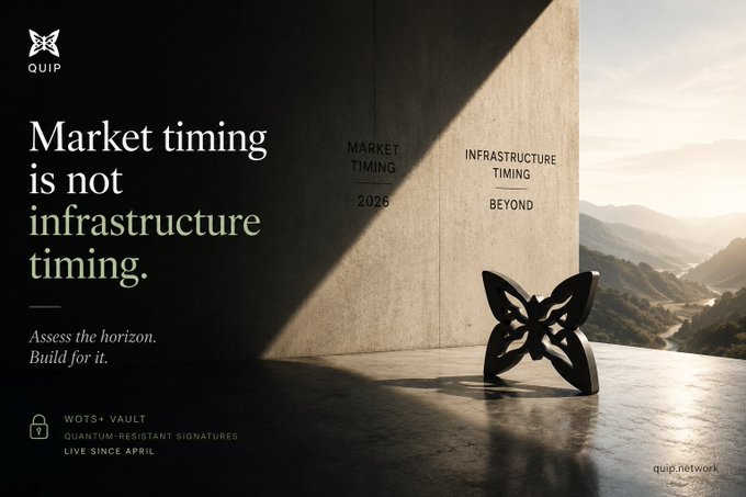 A promotional advertisement for QIP reads 'Market timing is not infrastructure timing' with text about 'WOTS+ VAULT' and 'quip.network'.