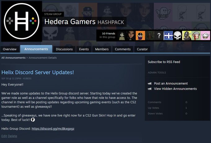 A screenshot from the Hedera Gamers HASHPACK Steam group page showing an announcement titled 'Helix Discord Server Updates!' posted on September 30, discussing updates to their Discord server including a new gamer role and a giveaway for a CS2 Gun Skin.