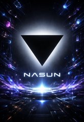 A futuristic logo featuring a glowing downward triangle with the text 'NASUN' below it, set against a cosmic background of colorful nebulae and star trails.