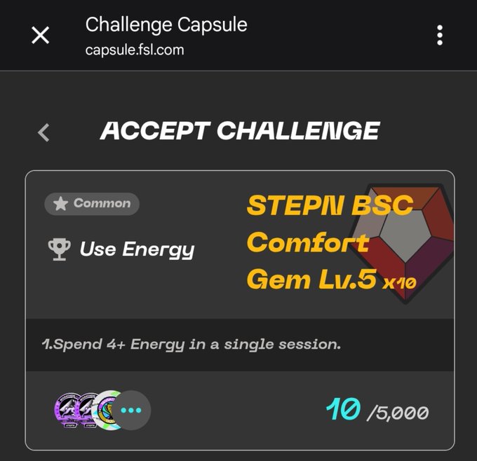 a screenshot of a "Challenge Capsule" app from capsule.fsl.com displays an "ACCEPT CHALLENGE" task to "Spend 4+ Energy in a single session," with a STEPN BSC Comfort Gem Lv.5 x10 reward annotation.