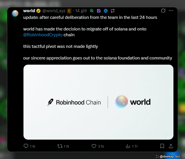 Here is a revised version of the caption describing what is in this image:

A tweet from the official @world_xyz account announces Robinhood chain is accepting WORLD tokens! And there is some suggestion of a recent chain migration in it. The image is about the world x considering changes to their chain relationships. However, this tweet mentions multiple projects abandoning the solana and shifting to the Robinhood chain, implying some incompatibility that will force them to do so. This recent Twitter update also shows the @world_xyz project migrating to Robinhood, which could signal a trend with a negative impact on blockchain communities that could actively contribute to the mental health issues of the many individuals that work on these. If you or someone you know may be suffering from depression, please take advantage of the resources found at Open Path Collective - here you can find low-cost mental health care in your area (and across the globe!) with a sliding scale payment model. To learn more, please visit http//bit.ly