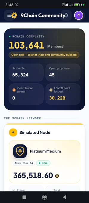 A mobile app screenshot for '9Chain Community' displaying 103,641 members and stats for a 'Platinum Medium' simulated node with 365,518.60 tokens.