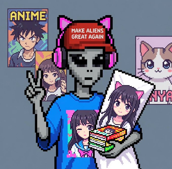 A pixel art illustration shows a gray alien character wearing a 'Make Aliens Great Again' red hat and pink cat-ear headphones, holding anime-style dakimakura pillows, with 'ANIME' and 'NYA' posters in the background.