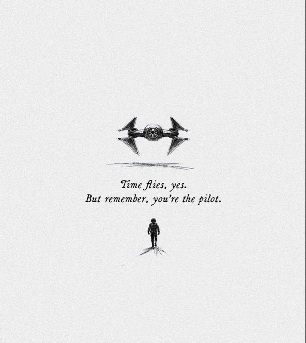 A minimalist illustration of a TIE fighter above a small figure, with the caption "Time flies, yes. But remember, you're the pilot."