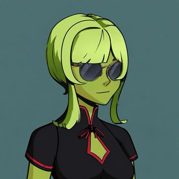 An anime-style illustration of a green-skinned female character with long light green hair, wearing round dark sunglasses and a black top with red trim and a diamond-shaped chest cutout.