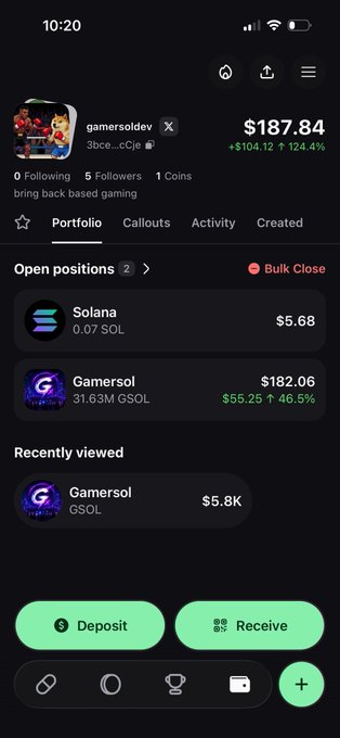 A screenshot of a Solana wallet details a user's portfolio with $187.84. Open positions include $5.68 in Solana and $182.06 in GamerSol. Recently viewed balances reaffirm significant holdings in GamerSol. The accompanying post indicates preparations for a mid-summer tournament with creator fees allocated to the winning team in cash, Solana (SOL), or $GSOL.