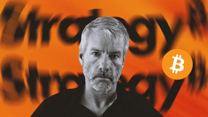 A black-and-white photo of Michael Saylor, MicroStrategy's founder, set against an orange background with repeated 'Strategy' text and a Bitcoin logo.