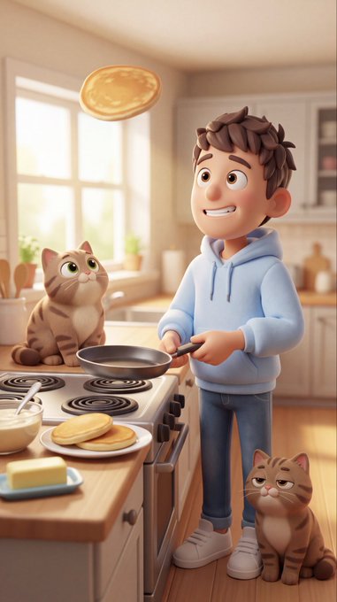 A 3D animated-style illustration of a smiling boy in a light blue hoodie cooking pancakes, flipping one in the air, with two tabby cats watching him in the kitchen.