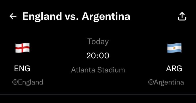 A sports match notification showing a game between 'ENG' and 'ARG' scheduled for 'Today 20:00' at 'Atlanta Stadium'.