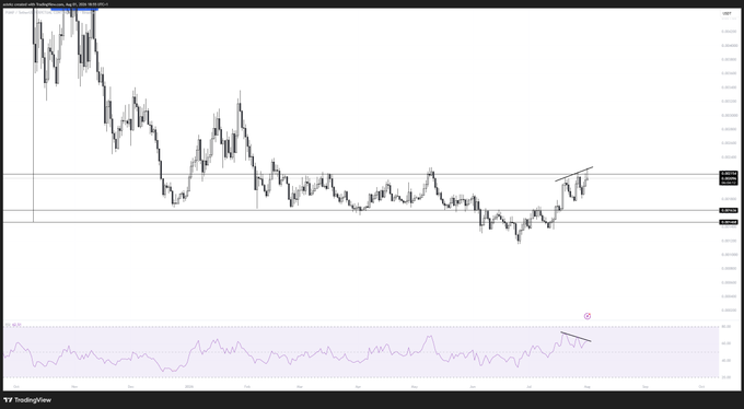 A TradingView candlestick chart for $PUMP showing a long-term downtrend with price consolidating near the 0.00000600 resistance level, accompanied by an RSI indicator at the bottom displaying a bearish divergence (lower highs in price paired with higher RSI readings) marked with small trendlines.