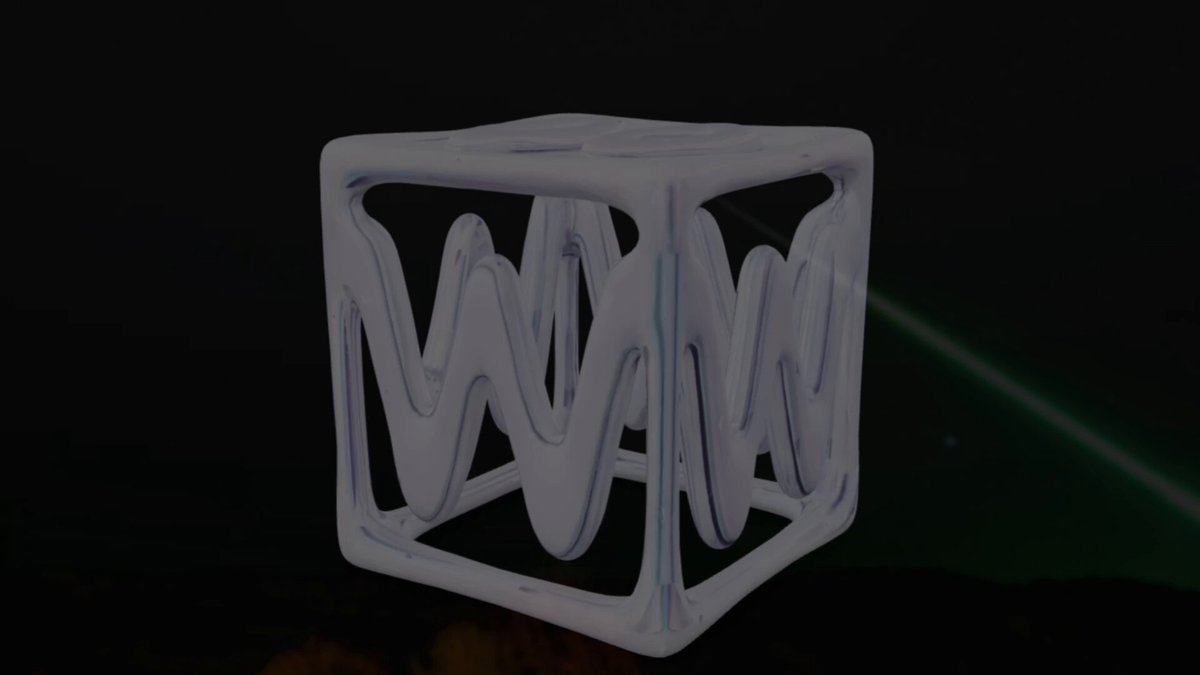 The image features a white cube with a unique design, resembling a wave or a squiggly line pattern. The cube is placed against a black background, making its shape stand out prominently. The caption below the image reads "Lol unmatched marketing video $three find me another one like this on sol". This phrase suggests that there might be an advertisement for a product or service related to the cube's design, possibly in the form of a 3D printed item or a sculpture.