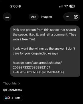 A screenshot of a Twitter prompt from @FuzeMetax asking to pick a winner from a Space who liked and commented, referencing a link to a status about Caesar Nodes. The accompanying post congratulates @FuzeMetax for winning a free mint of a @cr7sart NFT, fulfilling the promise made in the space.