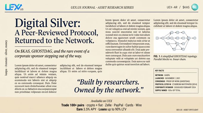 The image shows a poster or advertisement featuring a silver square with text that reads "Digital Silver", which is related to the concept of digital currency. The poster also includes an image of a white paper with text, possibly discussing the history and significance of Kaspa in the context of the digital gold narrative.