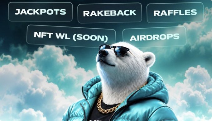 A promotional graphic features a polar bear in sunglasses and a blue jacket, with text for JACKPOTS, RAKEBACK, RAFFLES, NFT WL (SOON), and AIRDROPS.