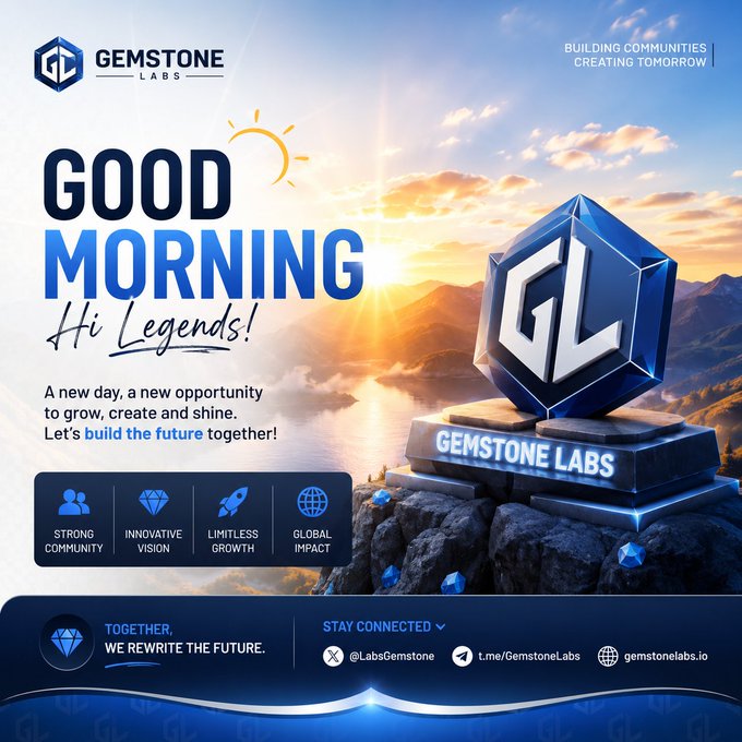 A 'Good Morning Hi Legends!' promotional graphic for Gemstone Labs featuring their blue GL logo on a pedestal overlooking a scenic landscape at sunrise.