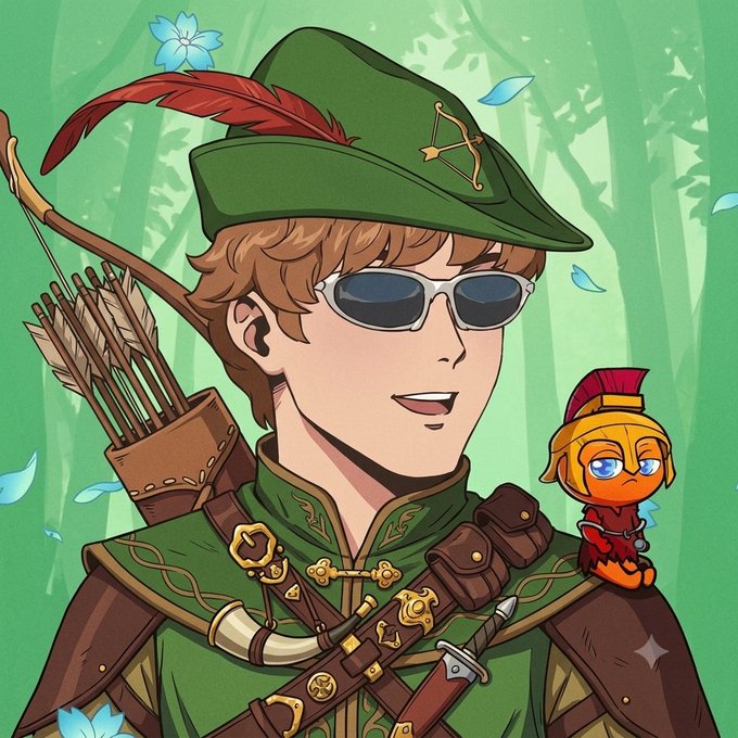 An anime-style illustration depicts a brown-haired character wearing a green Robin Hood hat with a red feather, sunglasses, and a green tunic, with a bow and arrows on their back, accompanied by a small orange creature wearing a helmet on their shoulder.