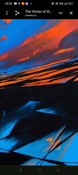 A mobile screenshot of a webpage from transient.xyz titled 'The Vortex of th...' showing abstract digital art with blue, orange, and black brushstrokes.