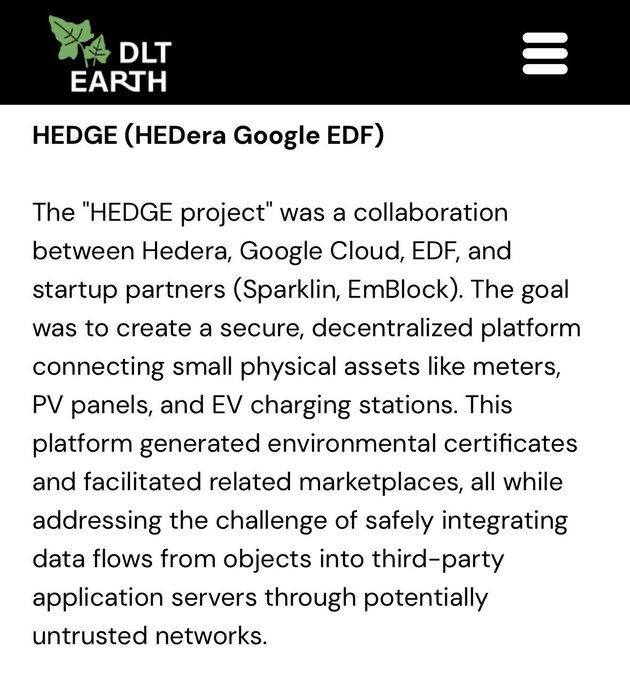 An informational page about the HEDGE project (HEDera Google EDF), a collaboration between Hedera, Google Cloud, and EDF to create a decentralized platform for connecting small physical assets.