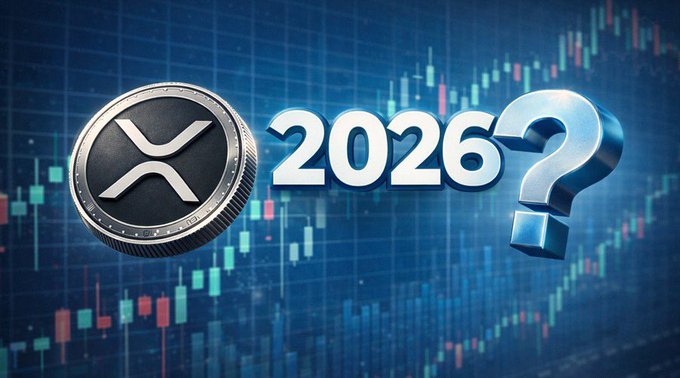 A 3D-rendered XRP (Ripple) cryptocurrency coin displayed next to the text '2026?' against a backdrop of financial candlestick charts.