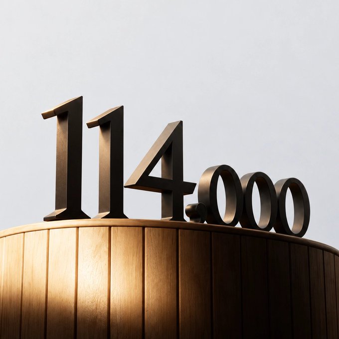 Large metallic "114,000" numerals sit atop a wooden cylindrical pedestal, visually amplifying the headline number and reinforcing the celebratory tone of the post announcing EtherFi's (ETHFI) record 114,000-token buyback week.
