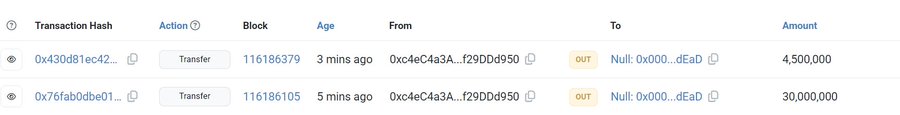 A cryptocurrency transaction history interface showing two recent transfers: 4,500,000 and 30,000,000 units sent to a null address from '0xc4eC4a3A...f29DDd950' within the last 3 to 5 minutes.