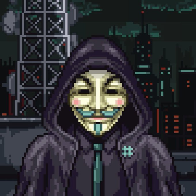 A pixel-art figure wearing a dark hooded cloak and a Guy Fawkes mask stands before a cyberpunk cityscape with red-lit skyscrapers, with a "#5" badge visible on the cloak. The imagery ties to the post's reference to pulling "Mythic Treasurer Rank #5" for $KAS, framing the anonymous hacker aesthetic as a nod to the "guerrilla marketing" and "hunt" for remaining NFTs.