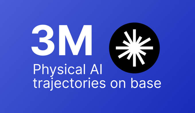 A blue graphic displaying '3M' with text 'Physical AI trajectories on base' next to a black circular icon with a white burst/star design.