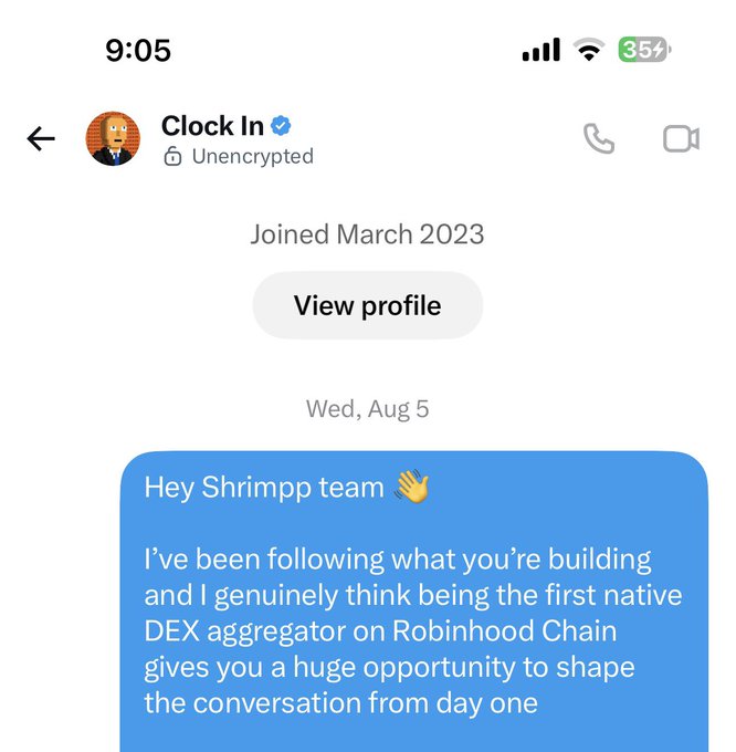 Screenshot of a Twitter/X DM from "Clock In" (the $SHRIMP account) sent on Wed, Aug 5 to the Shrimpp team, praising them as "the first native DEX aggregator on Robinhood Chain" and saying they "have a huge opportunity to shape the conversation from day one."