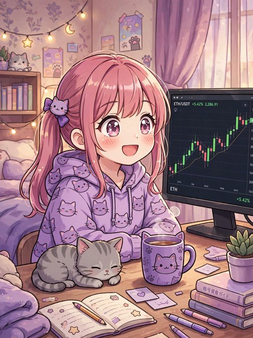 An anime-style artwork of a pink-haired girl in a purple cat-patterned hoodie smiling at a computer screen showing an ETH/USDT candlestick chart with a +5.42% gain, surrounded by plush toys, a cat, a mug, and study materials.
