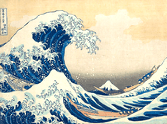A pixel art rendering of the famous woodblock print 'The Great Wave off Kanagawa' by Hokusai, complete with the Japanese signature in the top left corner.