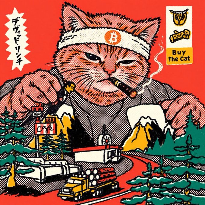 A pop-art style illustration of an orange cat wearing a Bitcoin headband, smoking a cigar, and overseeing an industrial landscape with logging trucks and factories, with text reading 'Buy The Cat.'