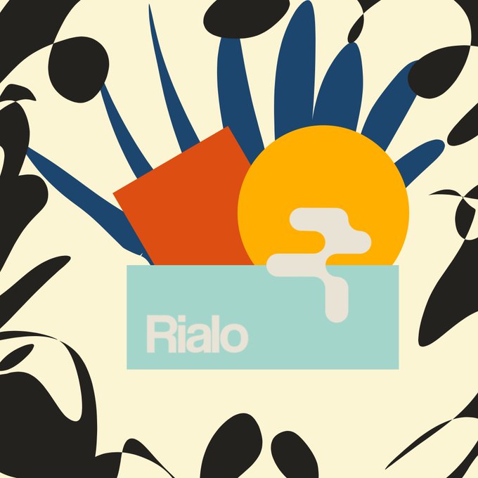 An abstract graphic featuring black organic shapes, blue palm fronds, an orange rectangle, a yellow circle, and a teal box containing the "Rialo" logo.