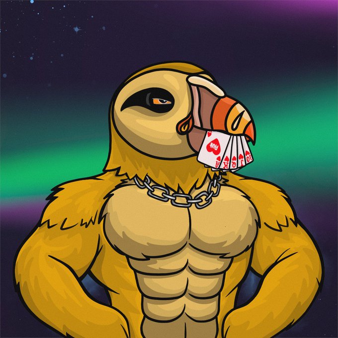 A muscular anthropomorphic puffin holding "10 of Hearts" playing cards in its beak, wearing a gold chain, with the caption indicating this is Tufted Puffin #322 from the donkey_dao collection purchased for 649 ALGO. The illustration depicts the puffin NFT character against a cosmic aurora background that matches the collection's branding.