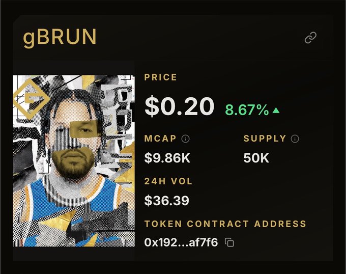A cryptocurrency token listing page for 'gBRUN' showing a price of $0.20 (+8.67%), market cap of $9.86K, supply of 50K, and 24H volume of $36.39, featuring an image of basketball player Jalen Brunson.