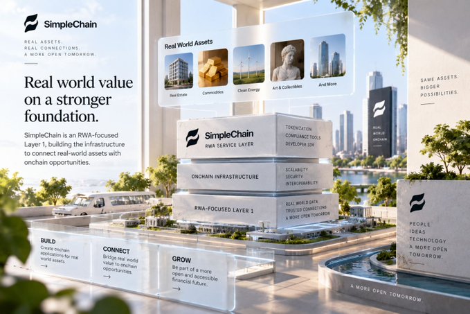 A promotional infographic for 'SimpleChain' featuring the tagline 'Real world value on a stronger foundation' and detailing their RWA-Focused Layer 1 blockchain infrastructure with categories like Real Estate, Commodities, Clean Energy, Art & Collectibles, and Real World Data.