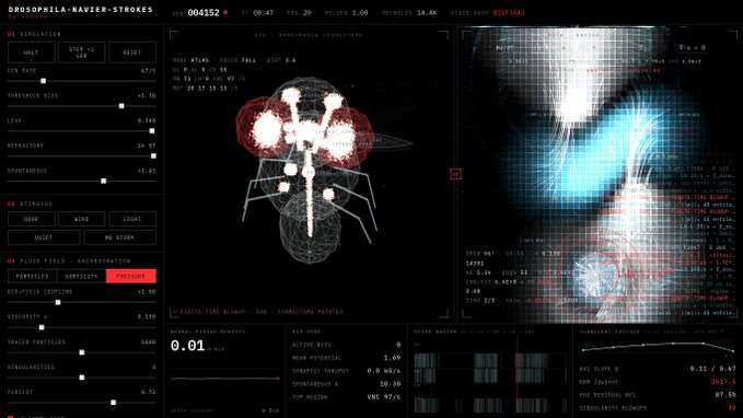 A digital sci-fi interface displays 'DROSOPHILA-NAVIER-STROKES' simulation data with wireframe models of flies, field visualizations, and technical parameters.