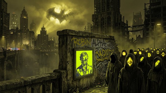 Dark dystopian cityscape with a moon and the Batman logo in the sky, featuring hooded figures with glowing yellow cryptocurrency symbols and a graffiti reading 'ROBIN ALPHA' on a wall.