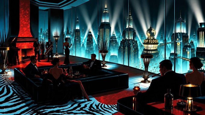 An atmospheric Art Deco-style lounge with a 'TOP FLOOR' neon sign, where well-dressed patrons sit in plush seating while dramatic searchlights illuminate a stylized nighttime cityscape through large windows.