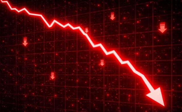 A red downward-trending line graph with arrows indicates a stock market decline on a dark background.