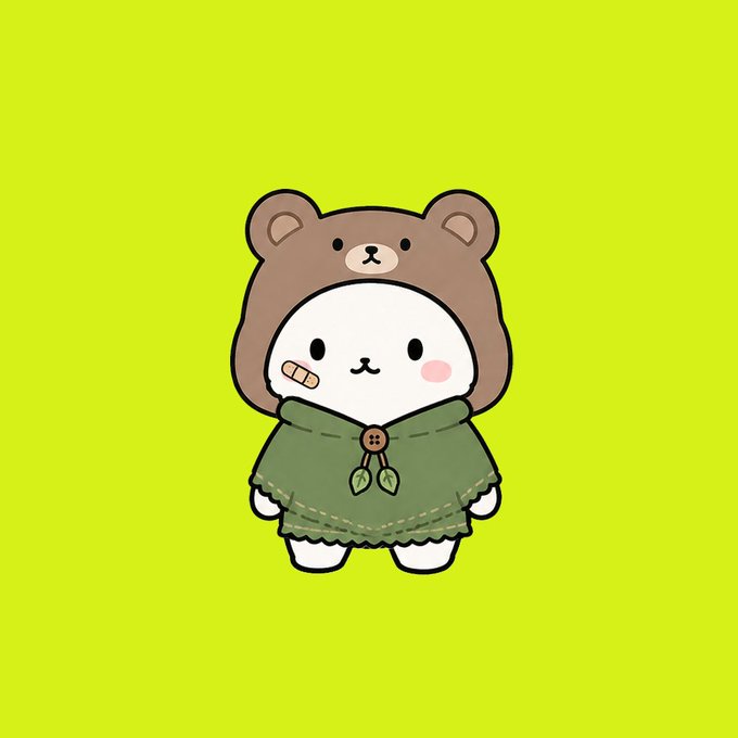 A simple cartoon illustration shows a small, round white character wearing a brown bear hood with a bandage on its cheek and a green poncho, set against a bright lime green background.