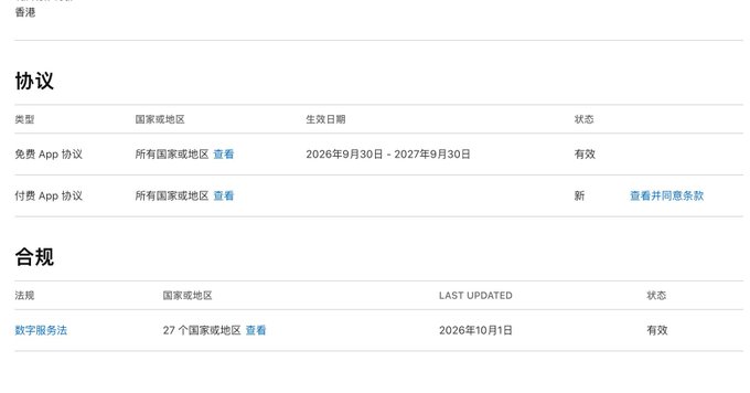 A Apple App Store interface in Chinese showing the '协议' (Agreements) and '合规' (Compliance) sections, including the Digital Services Act effective in 27 countries.