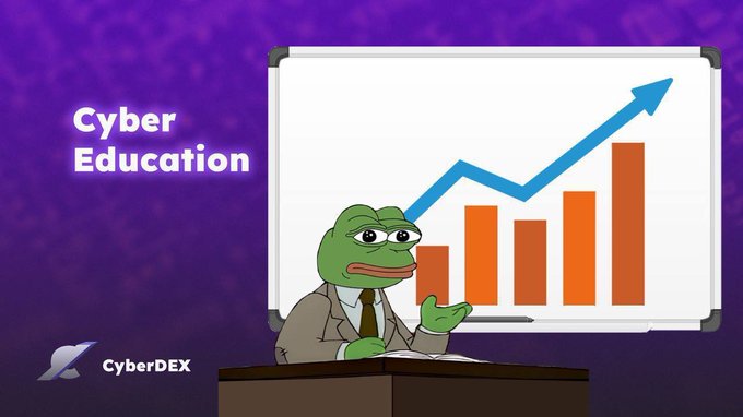 An illustration of a Pepe the Frog character at a podium presenting a bar chart with an upward arrow, labeled "Cyber Education" with the CyberDEX logo.