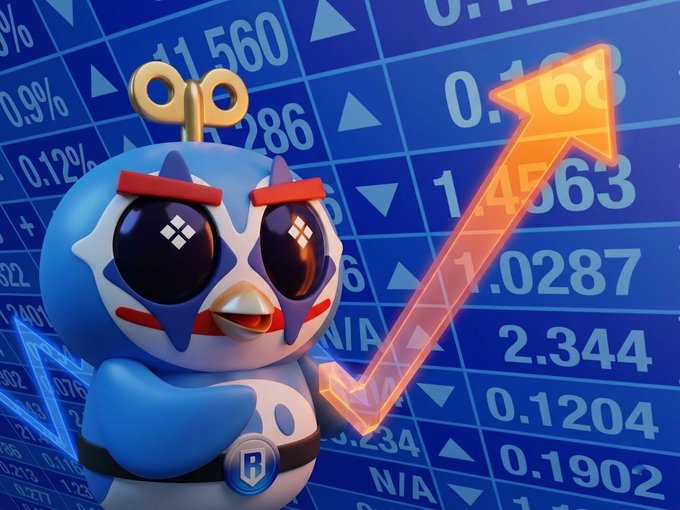 3D render of a blue owl-like mascot with a windup key on its head, set against a background of financial stock numbers and an upward orange arrow.