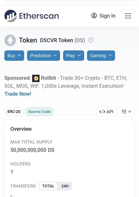 Etherscan page for the DSCVR Token (DS) showing a max total supply of 50,000,000,000 DS tokens and only 1 holder, corroborating the post's claim of a 50 billion token supply.