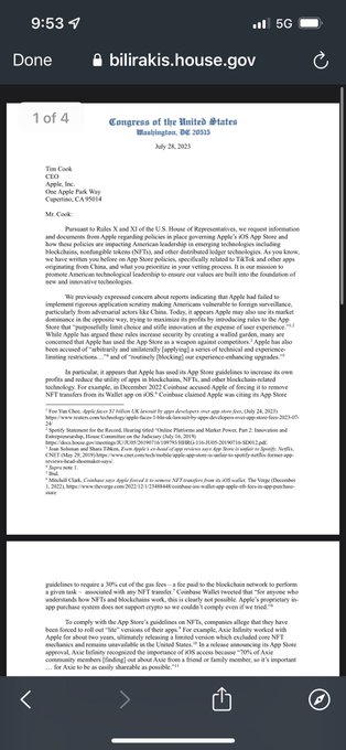 A mobile screenshot displays an open letter from Tim Cook (Apple CEO) to Congressman Bill Pascrell dated July 25, 2023, regarding the "Congress of the United States" addressing concerns about Apple's App Store policies and the impact on NFT/blockchain developers. The document relates to the accompanying post by highlighting how major platforms like Apple present challenges for NFT-based games, requiring developers to maintain separate versions for web2 and web3 audiences due to restrictive App Store policies.