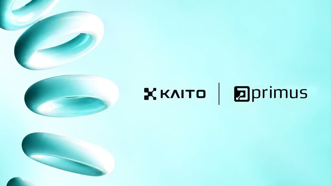 A promotional graphic with a teal/aqua background showing floating donut shapes and the logos "KAITO" and "primus" side by side.