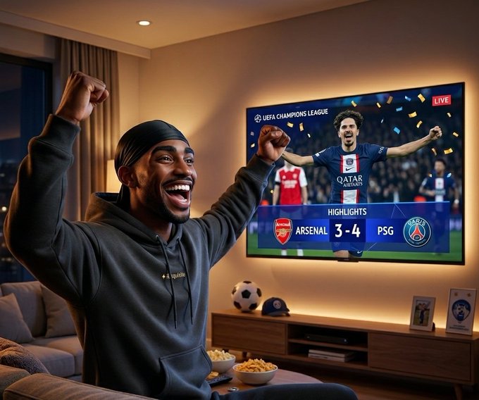 The image shows a man sitting on a couch, watching a soccer game on television. He has his arms raised in excitement as he cheers for his favorite team, Arsenal. The TV screen displays the match score of Arsenal against another team, with Arsenal leading by 3-0. The room is well-lit and features a brown sofa, a coffee table, and a bookshelf filled with various items.